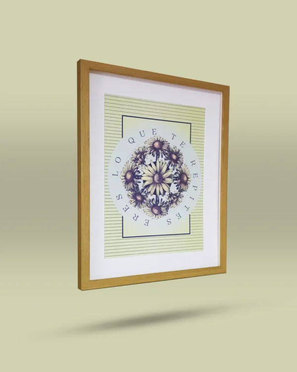 Afiche ilustrado con diseño artístico original de flores en círculo y frase motivadora Eres lo que te repites. Ilustración exclusiva creada por artista colombiano, ideal para decorar espacios con mensajes emocionales y conscientes. Disponible para envío a todo Colombia.